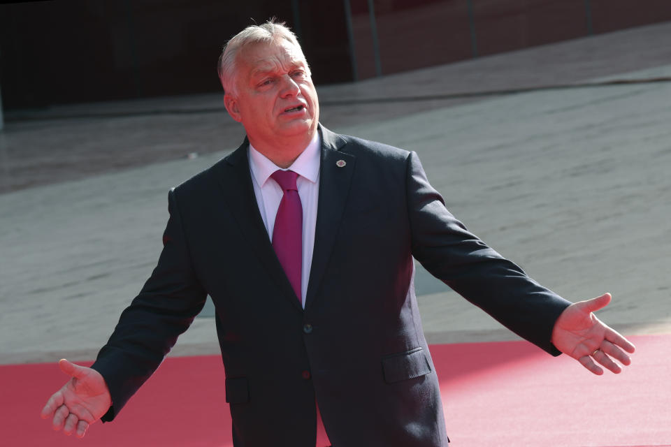 Hungary's Prime Minister Viktor Orban arrives for the EU-Western Balkans Summit, in Tirana, Albania, Tuesday, Dec. 6, 2022. EU leaders and their Western Balkans counterparts gather Tuesday for talks aimed at boosting their partnership as Russia's war in Ukraine threatens to reshape the geopolitical balance in the region. (AP Photo/Franc Zhurda)