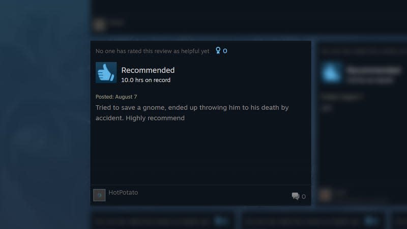 A positive review says: "Tried to save a gnome, ended up throwing him to his death by accident. Highly recommend."