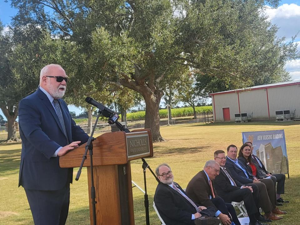 Louisiana State Senator Brett Allain visits Nicholls State University, Oct. 7, to celebrate $46 million being spent on new facilities at the campus: A coastal research center, a covered football field, and a new nursing building.
