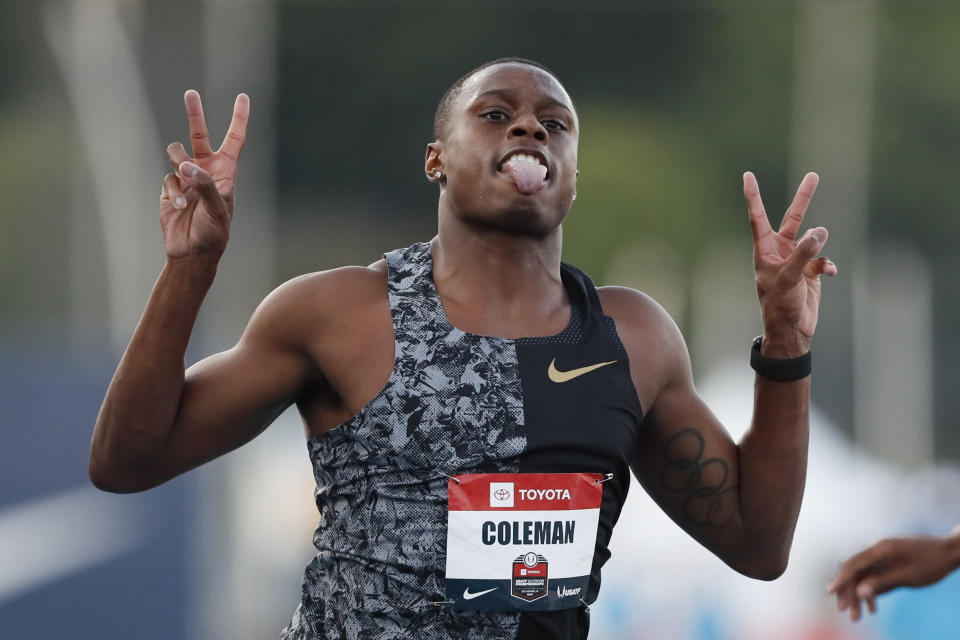 FILE - In this July 26, 2019, file photo, Christian Coleman celebrates as he wins the men's 100-meter dash final at the U.S. Championships athletics meet, in Des Moines, Iowa. The world’s fastest man now that Usain Bolt is on the sideline is 100-meter runner Christian Coleman, who almost was forced to miss world championships because he had missed too many drug tests. He got a reprieve, but, as always, the specter of doping lingers over the sport’s biggest event. (AP Photo/Charlie Neibergall, File)