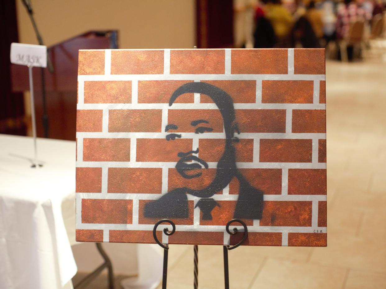 An artistic representation of Dr. King was shown at the entrance of the 15th Annual Peace and Freedom Committee's MLK Breakfast Monday.