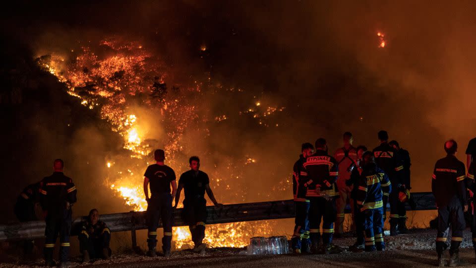 Firefighters look at a wildfire burning on Mount Parnitha, in Athens, Greece, August 24, 2023.  - Nicolas Economou/Reuters