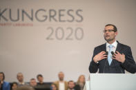 Robert Abela, who will be sworn in as Prime Minister of Malta Monday, addresses a large crowds of supporters inside a volleyball court in Kordin, Malta, Sunday, Jan. 12, 2020. A first-term lawmaker whose father was Malta's president, Abela has been chosen to be the country's prime minister, replacing Joseph Muscat after weeks of protests demanding accountability in the investigation of the car bomb slaying of an anti-corruption journalist who targeted his government. (AP Photo/Rene' Rossignaud)