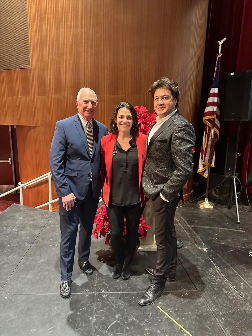 PS Concerts' president Chris Seidel poses with music director-pianist Iliana Rose and tenor Maximo Marcuso at the season opener for PS Concerts, Dec. 3, 2023.