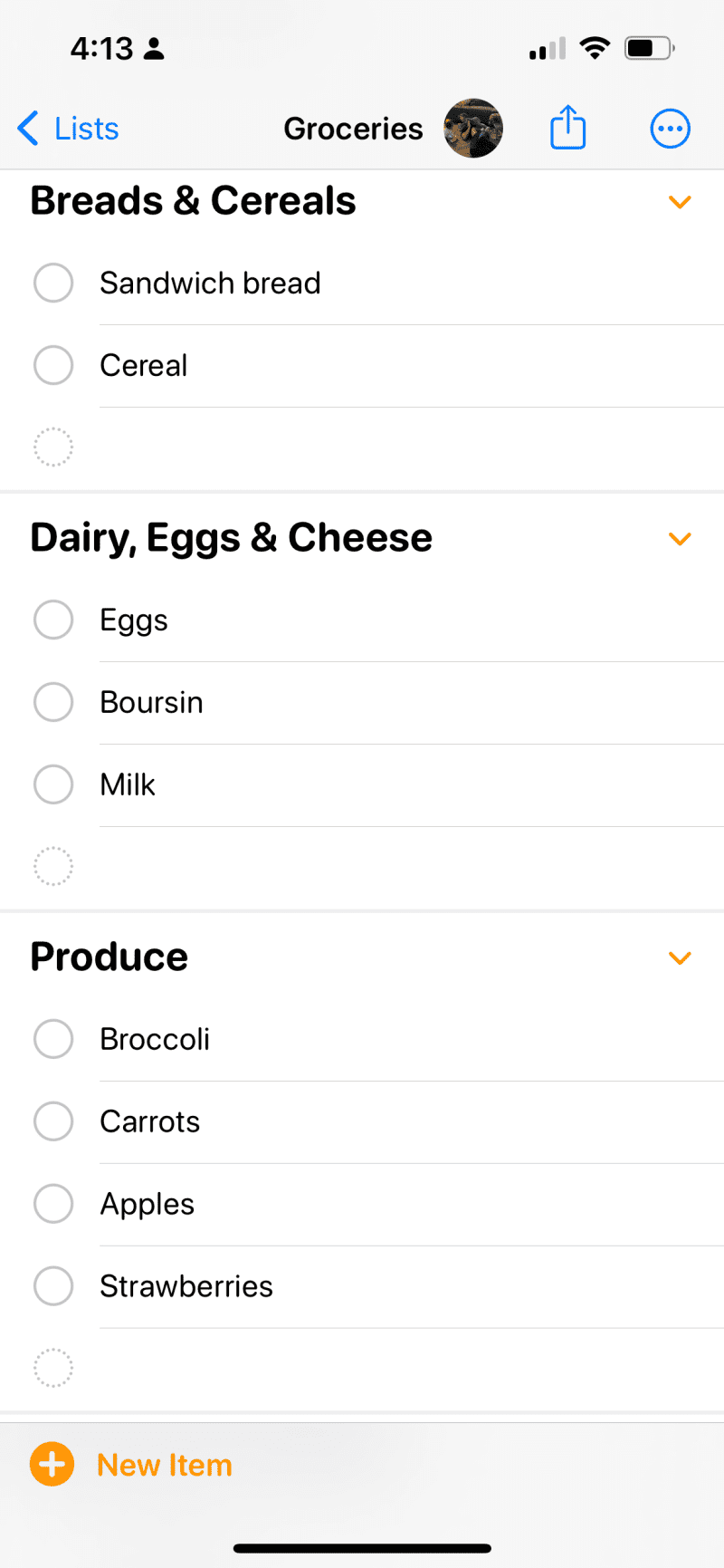 Phone screenshots of grocery list