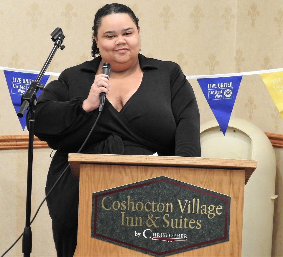 Emma Mitchell, director of the United Way of Coshocton County, speaks at the annual awards breakfast at Coshocton Village Inn and Suites to honor donors, wrap up the current fundraising campaign and gear up for the new campaign.