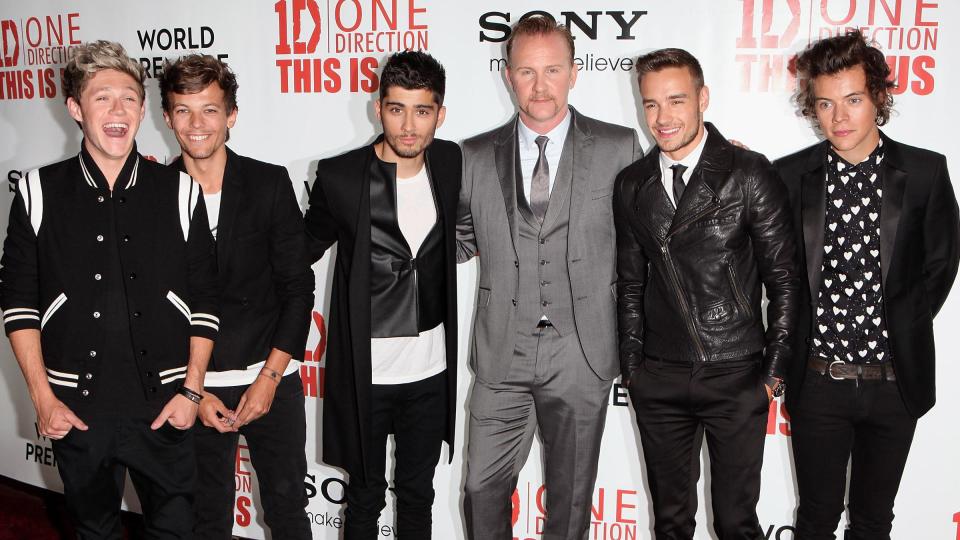 Niall Horan, Louis Tomlinson, Zayn Malik, Morgan Spurlock, Liam Payne and Harry Styles attend the World Premiere of 'One Direction: This Is Us 3D' at Empire Leicester Square on August 20, 2013 in London