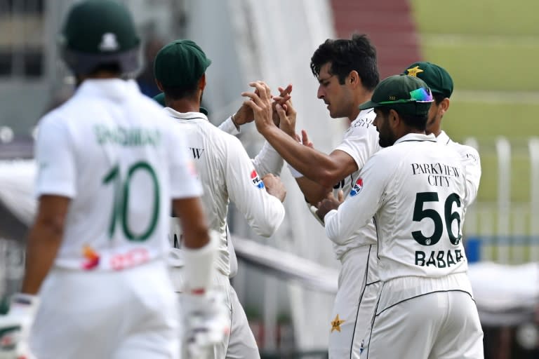 Pakistan's Mir Hamza (third right) celebrates the wicket of Bangladesh's Zakir Hasan on day five in Rawalpindi - a rare bright moment as the hosts slumped to defeat (Aamir QURESHI)