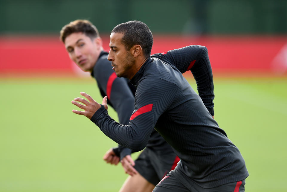 LIVERPOOL, ENGLAND - SEPTEMBER 25: (THE SUN OUT, THE SUN ON SUNDAY OUT) Thiago Alcantara of Liverpool during the training session at Melwood Training Ground on September 25, 2020 in Liverpool, England. (Photo by Andrew Powell/Liverpool FC via Getty Images)