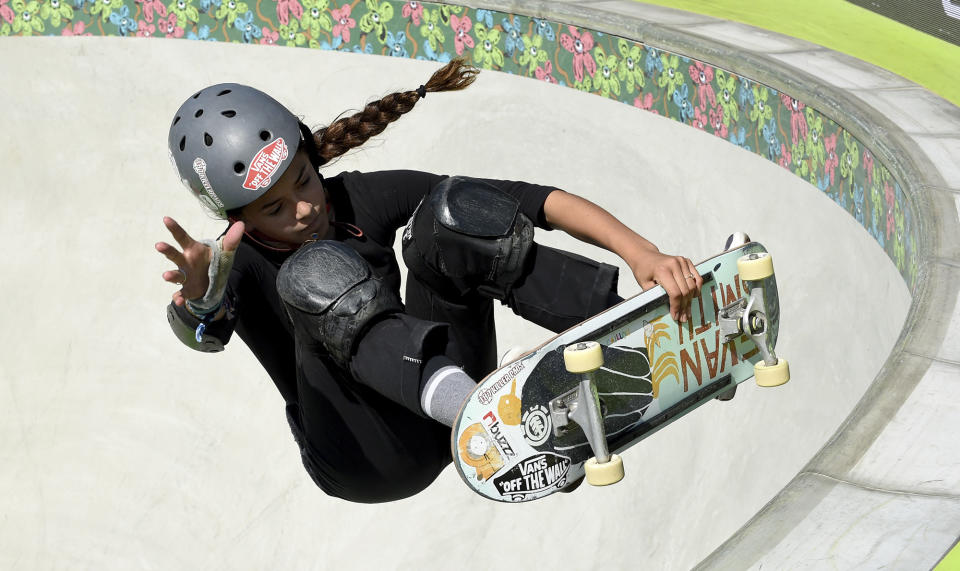 FILE - In this Thursday, June 13, 2019, file photo, Madeleine Larcheron, of France, competes in the women's park semifinals during the skateboard Dew Tour, in Long Beach, Calif. Skateboarding is one of four debut sports at the Tokyo Games, along with karate, surfing and sport climbing. (Keith Birmingham/The Orange County Register via AP, File)