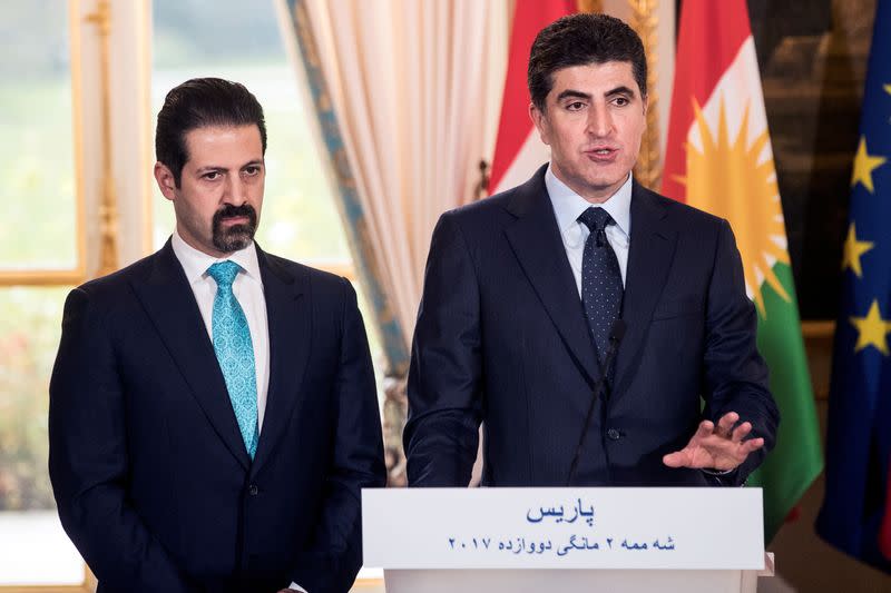 FILE PHOTO: Kurdish region's Prime Minister Nechirvan Barzani and Iraqi Kurdistan’s Deputy Prime Minister Qubad Talabani attend a press conference at the Elysee Palace in Paris