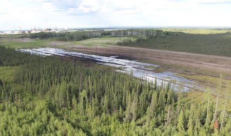 An aerial view of the spill of emulsion, a mixture of bitumen, water and sand, lies on the surface on a feeder pipeline corridor near the Nexen Energy's Long Lake oilsands facility south of Fort McMurray, Alberta July 17, 2015 in this handout photo provided by Nexen Energy July 17, 2015. REUTERS/Nexen Energy/Handout via Reuters