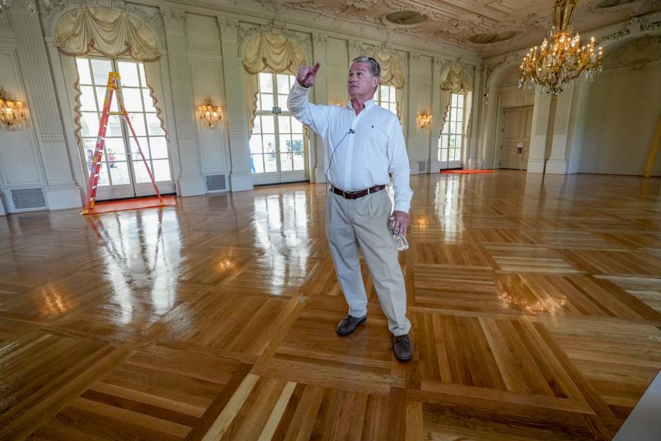 Mike Taber shows off the newly restored ballroom floor which lead to also repainting the entire room.Newport's Rosecliff mansion restoration is finished. The biggest, restoration projects the Preservation Society has done in many years,