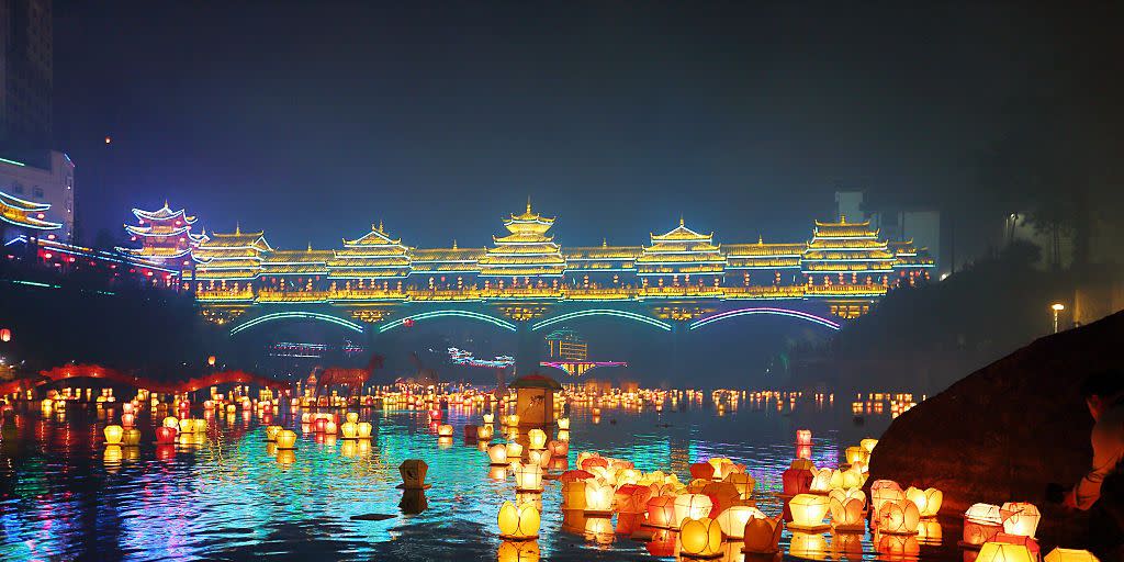 river lanterns lit to celebrate the ghost festival in guilin