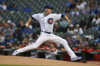 Chicago Cubs starter Keegan Thompson delivers a pitch during the first inning of a baseball game against the Washington Nationals Monday, Aug. 8, 2022, in Chicago. (AP Photo/Paul Beaty)