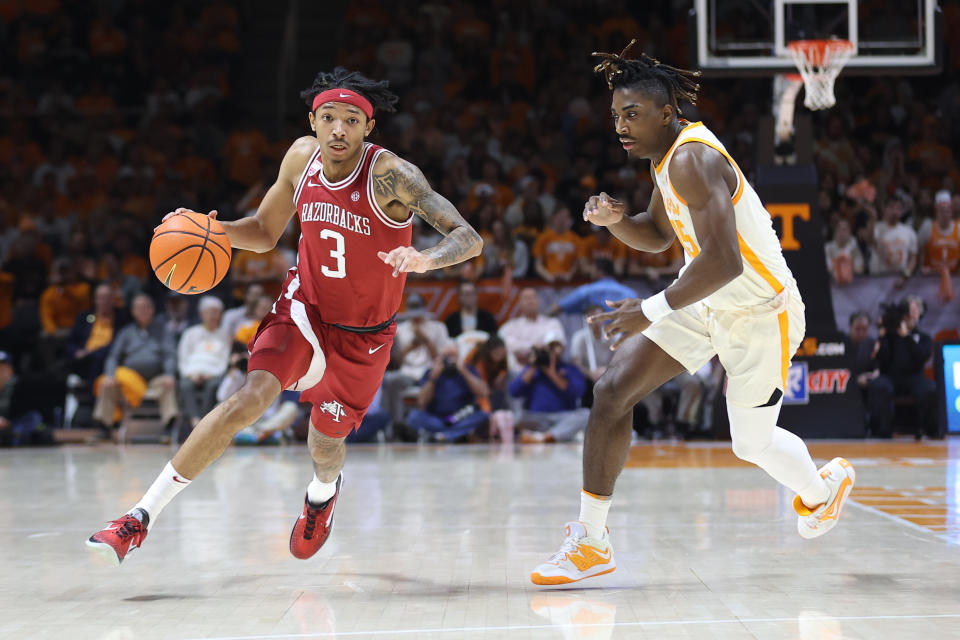 Feb 28, 2023; Knoxville, Tennessee, USA; Arkansas Razorbacks guard Nick Smith Jr. (3) brings the ball up court against the Tennessee Volunteers during the first half at Thompson-Boling Arena. Mandatory Credit: Randy Sartin-USA TODAY Sports