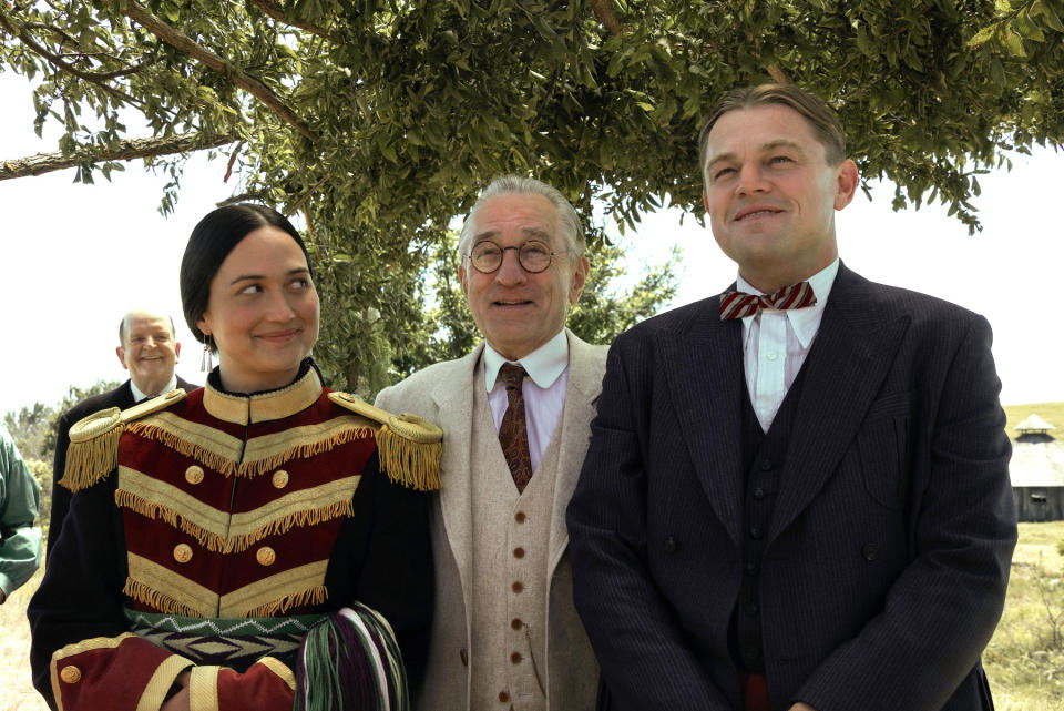 Lily Gladstone, Robert De Niro, and Leonardo DiCaprio in 'Killers of the Flower Moon.' 