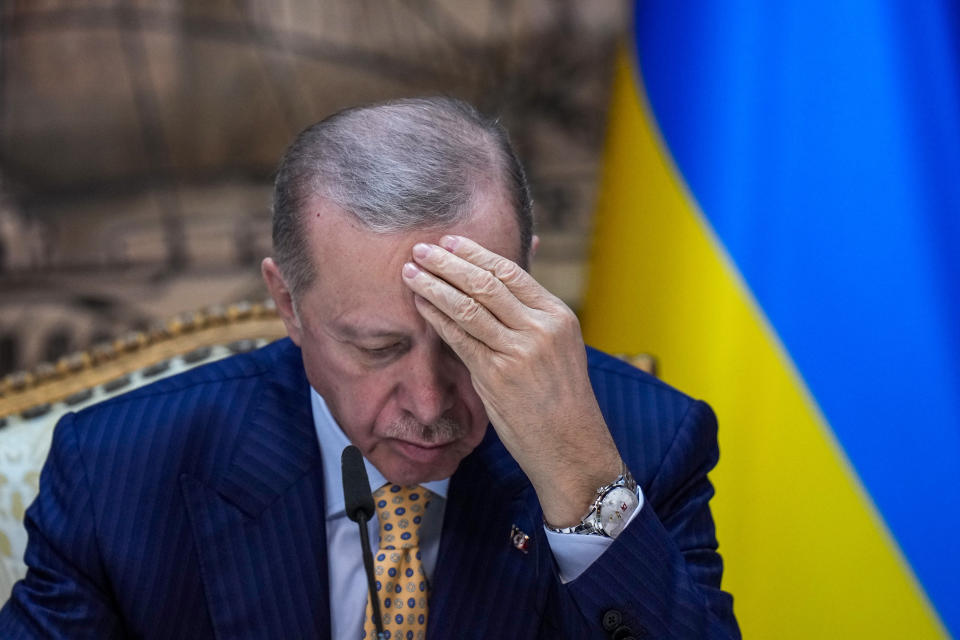 Turkish President Recep Tayyip Erdogan listens to a question during a joint news conference with Ukrainian President Volodymyr Zelenskyy following their meeting at Dolmabahce palace in Istanbul, Turkey, Friday, March 8, 2024. (AP Photo/Francisco Seco)