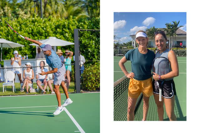 <p>Courtesy of Brittani Sonnenberg</p> From left: James Blake serving at the Baha Mar Cup; the author (left) with top-ranked U.S. player Jessica Pegula.