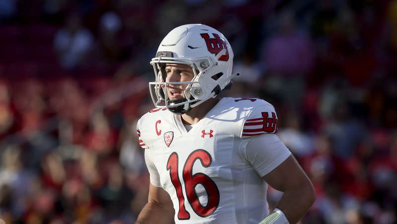 Utah Utes quarterback Bryson Barnes runs off field during the game against USC at the Los Angeles Memorial Coliseum on Saturday, Oct. 21, 2023.