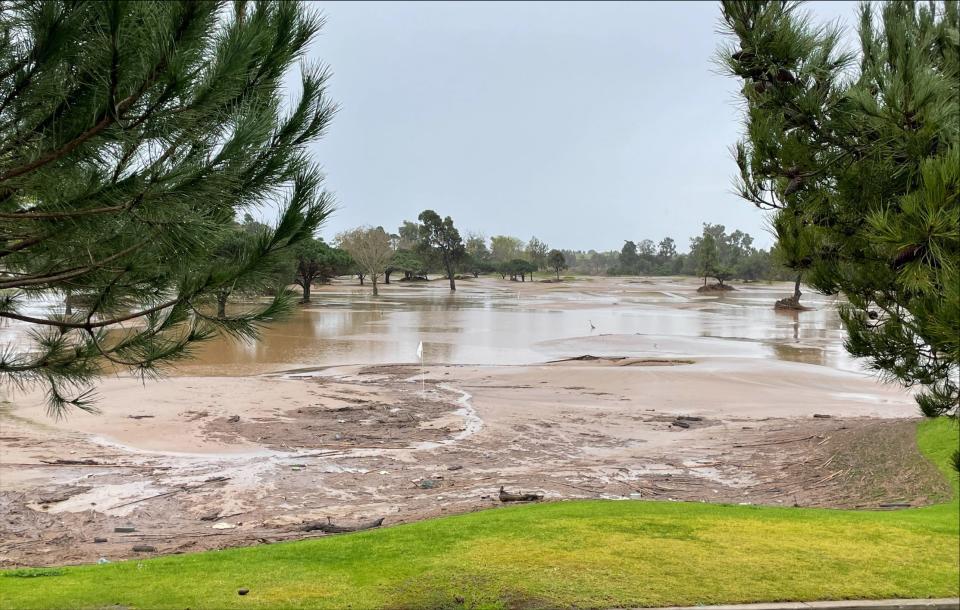 The greens at Buenaventura Golf Course in Ventura were flooded out after a large rainstorm on Jan. 9, 2023. The course remains closed.