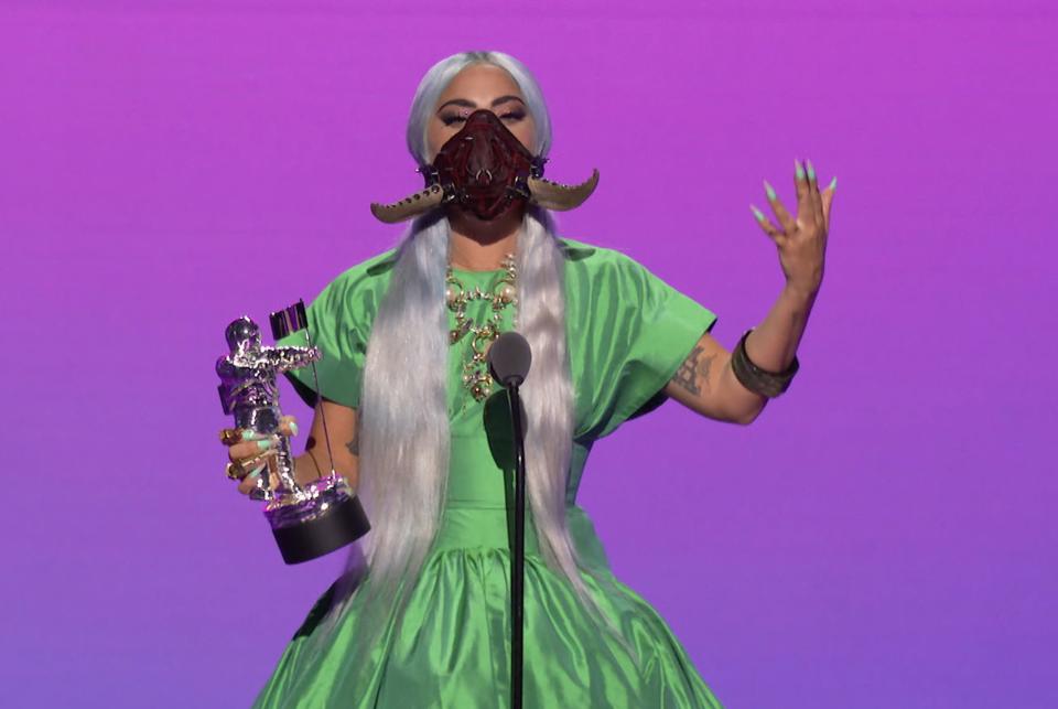 Lady Gaga accepts the award for song of the year for "Rain on Me."