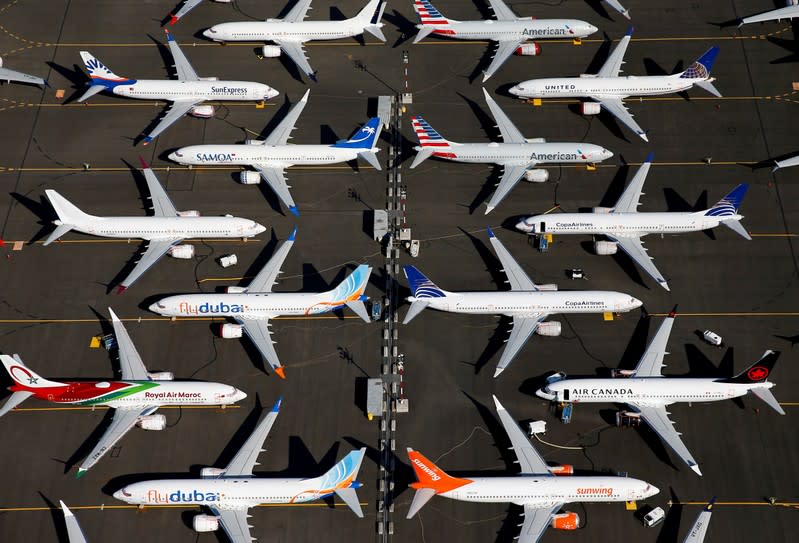 Grounded Boeing 737 MAX aircraft are parked at Boeing Field in Seattle