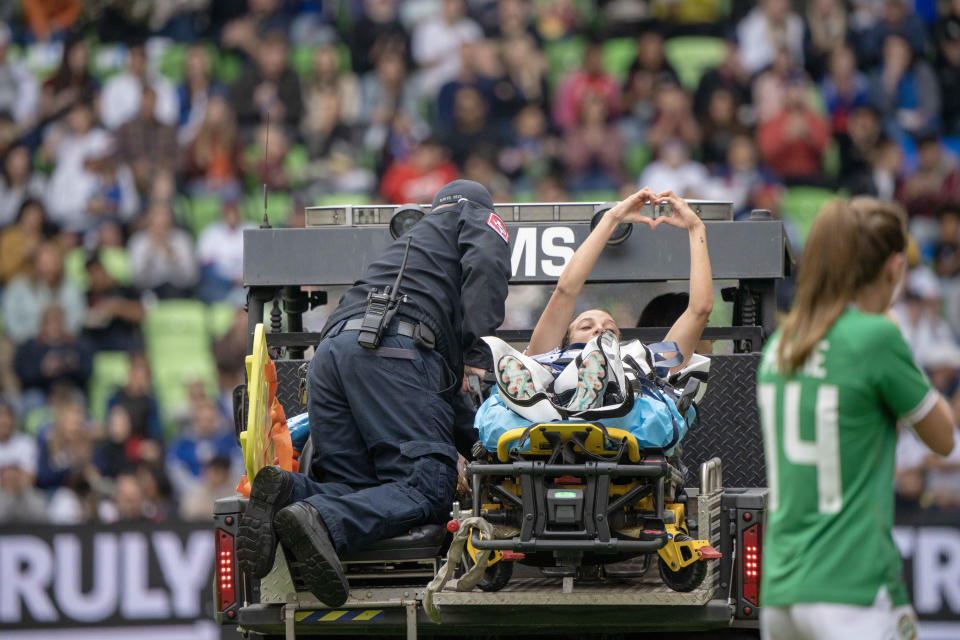 U.S. Women's National Team forward Mallory Swanson (9) is escorted off field by medical personnel during the first half in a match against the Republic of Ireland Women's National Team at Q2 Stadium. She's now making her return to the USWNT for the first time since.