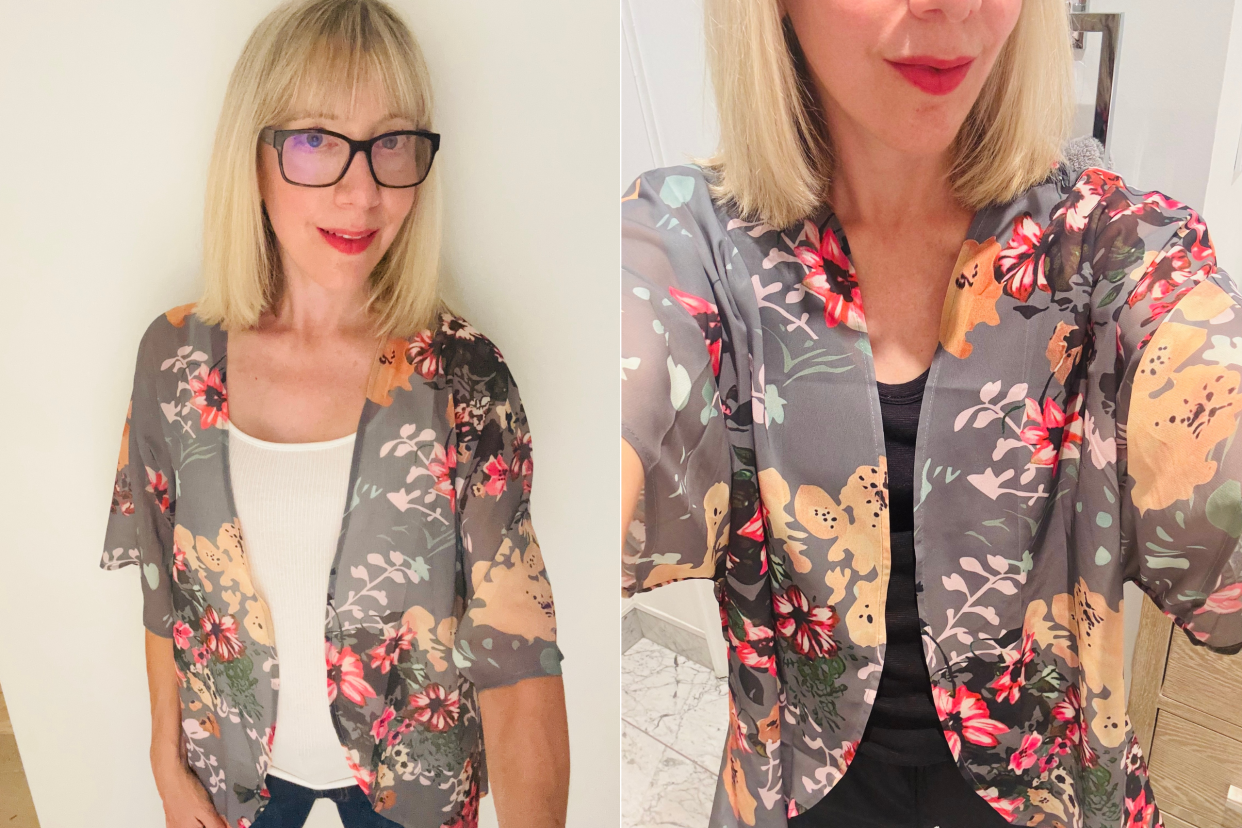 woman wearing amazon cardigan, split screen of blonde woman in glasses wearing CHICALLURE Womens Summer Tops Kimono Cardigan Floral Beach Cover up Casual Jackets Shirts from amazon canada