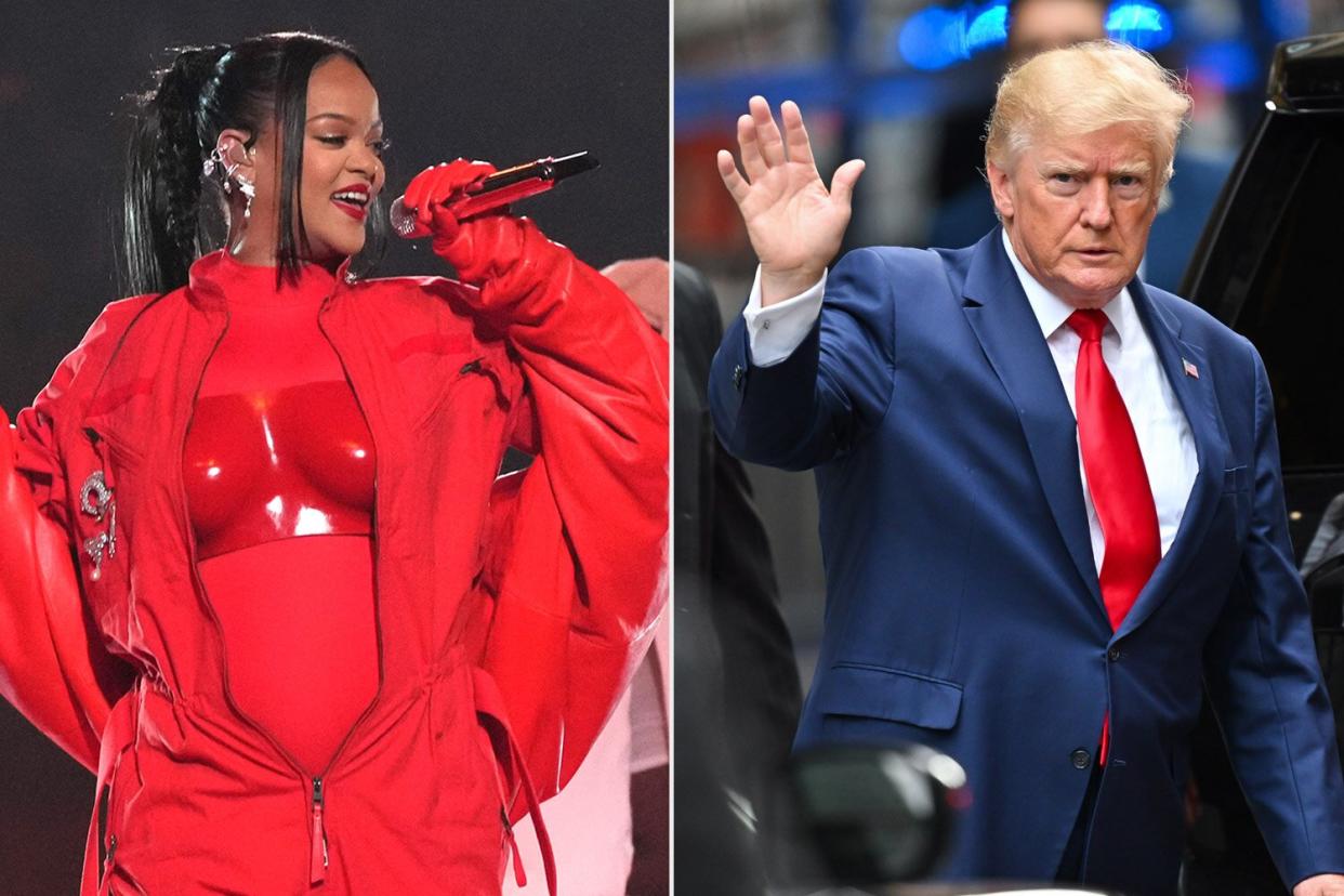 GLENDALE, ARIZONA - FEBRUARY 12: Rihanna performs during Apple Music Super Bowl LVII Halftime Show at State Farm Stadium on February 12, 2023 in Glendale, Arizona. (Photo by Kevin Mazur/Getty Images for Roc Nation); NEW YORK, NEW YORK - AUGUST 10: Former U.S. President Donald Trump leaves Trump Tower to meet with New York Attorney General Letitia James for a civil investigation on August 10, 2022 in New York City. (Photo by James Devaney/GC Images)