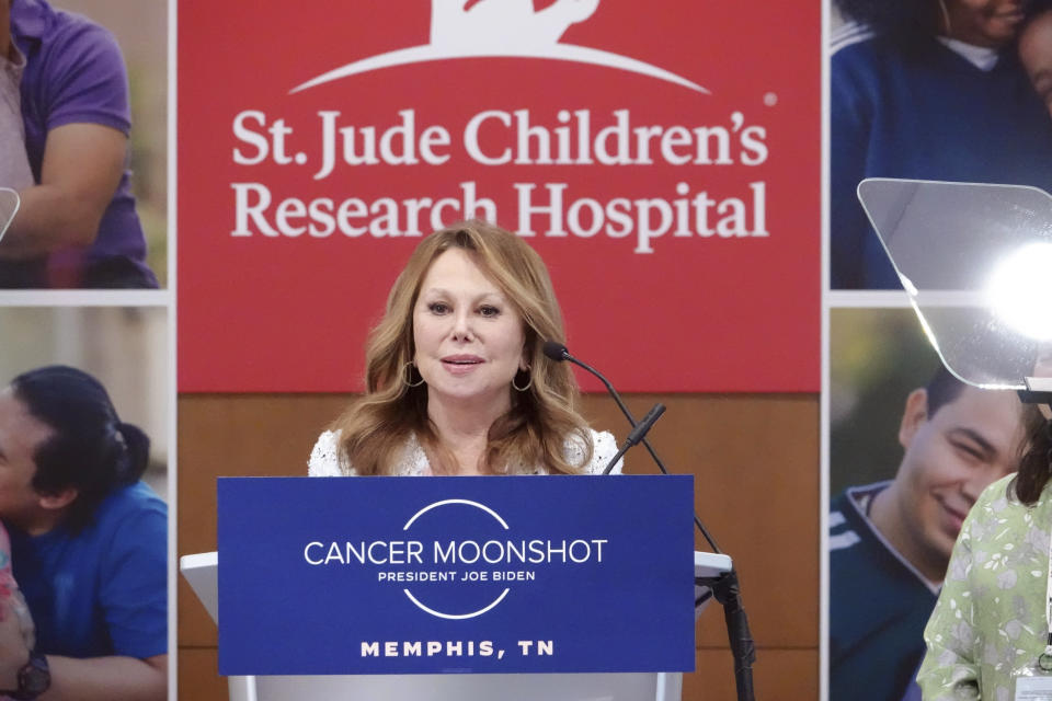 FILE - Marlo Thomas speaks before introducing first lady Jill Biden as she visits the St. Jude Children's Research Hospital on March 25, 2022, in Memphis, Tenn. St. Jude Children's Research Hospital's Thanks and Giving campaign celebrates its 20th anniversary and passes the fundraising milestone of $1 billion to support the hospital’s efforts to provide free medical care to children with cancer. (AP Photo/Karen Pulfer Focht, File)
