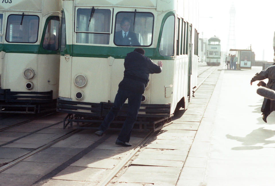 The cast of 'Coronation Street' filming scenes for death of Alan Bradley storyline in Blackpool. Mark Eden as Alan Bradley. 30th October 1989. (Photo by Andrew Stenning/Mirrorpix/Getty Images)