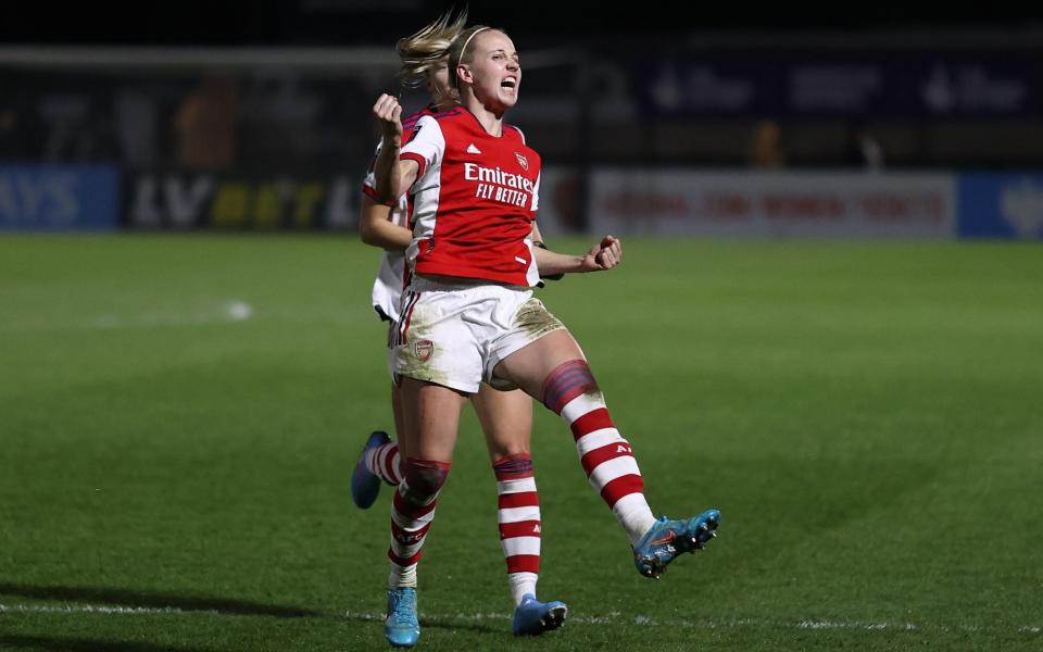 Brighton & Hove Albion's Emma Koivisto celebrates scoring her side's first-ever goal against Arsenal - GETTY IMAGES