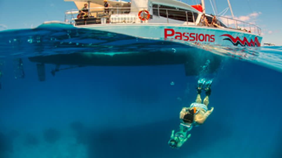 Twenty-one elderly French tourists were on board the Paradise of Passions catamaran near Michaelmas Cay when the two snorklers were found floating unconscious. Source: Passions of Paradise