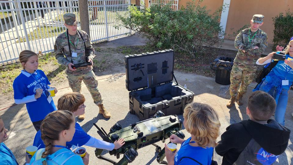 Members of the U.S. Air Force and U.S. Space Force were on hand at the BPS Innovation Games to demonstrate the Ghost Robotics Vision 60 "Robot Dog" ground drone. The drones could be used to patrol beaches during space launches that are unsafe for humans.