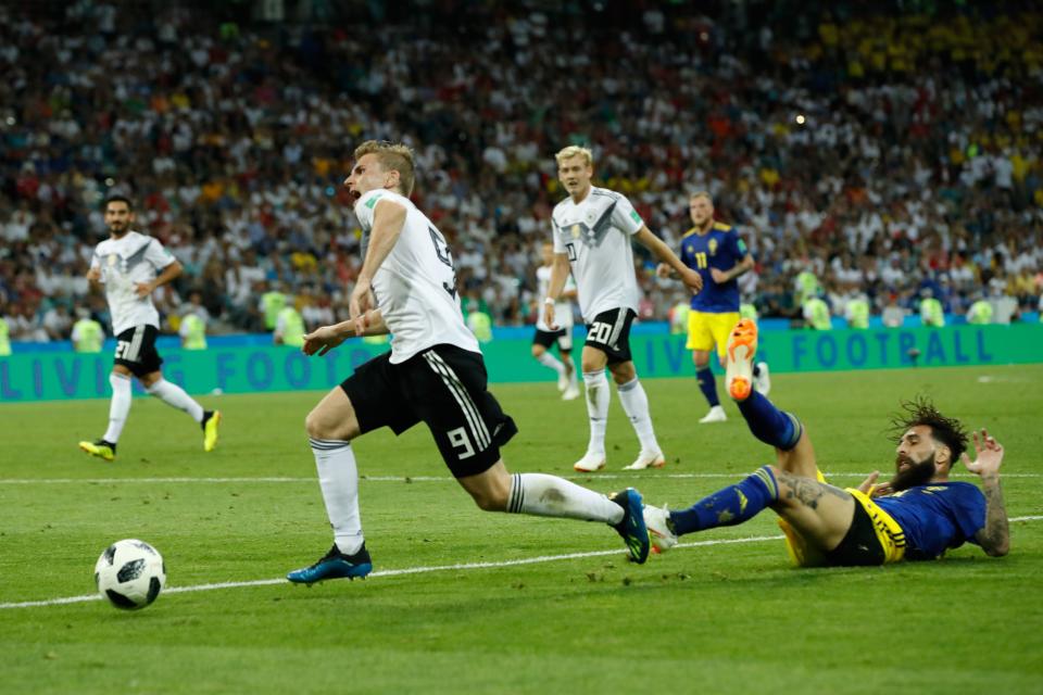 Sweden’s midfielder Jimmy Durmaz (R) vies for the ball with Germany’s forward Timo Werner (L) during the Russia 2018 World Cup Group F football match between Germany and Sweden at the Fisht Stadium in Sochi on June 23, 2018. (Getty Images)