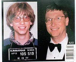 A 1977 police mug shot of a bespectacled 21-year-old Bill Gates is reproduced next to a photograph of the world's richest man and Microsoft chairman.