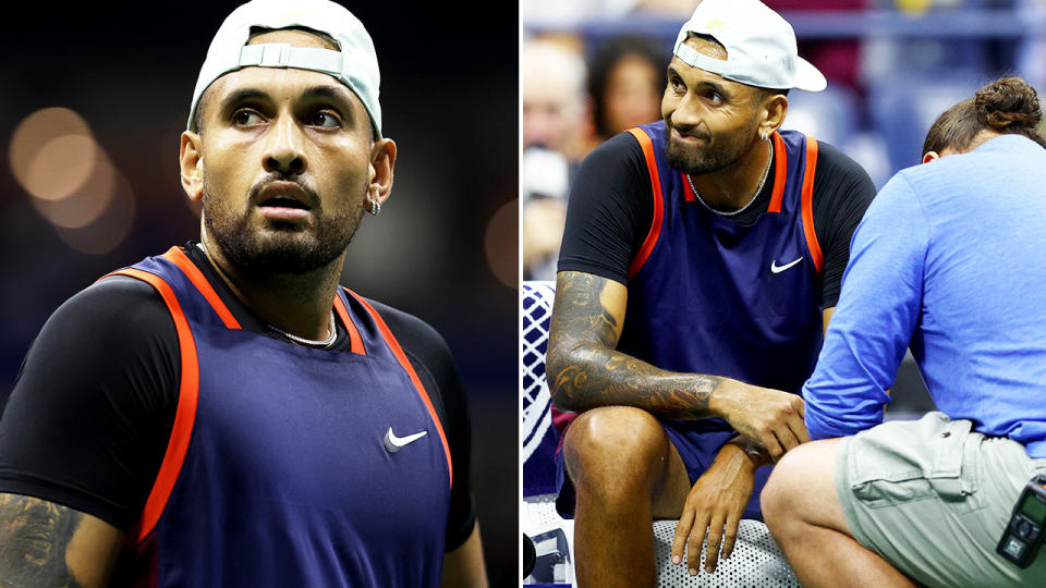 Nick Kyrgios (pictured left) during the US Open quarter-final and (pictured right) Kyrgios seeing the trainer due to an injury.