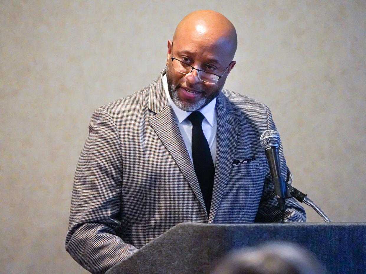Dr. Larry Young, Superintendent, MSD of Pike Township,
 speaks out against the proposed Valor Classical Academy charter school during a hearing on Monday, April 10, 2023, at the Embassy Suites by Hilton Indianapolis North. Valor Classical Academy is a charter school that has partnered with Hillsdale College.