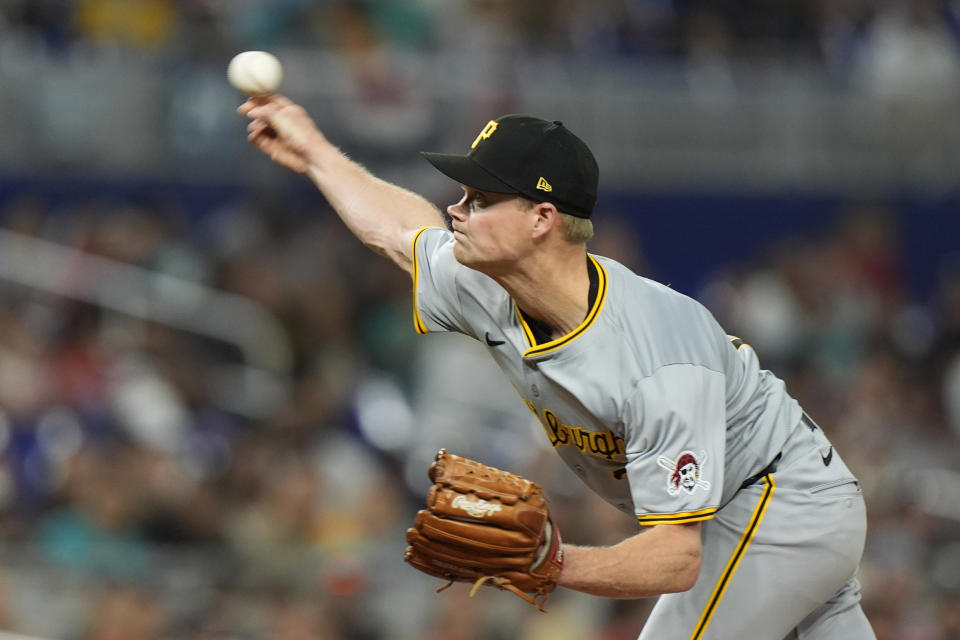 Pittsburgh Pirates' Ryder Ryan delivers a pitch during the fifth inning of a baseball game against the Miami Marlins, Friday, March 29, 2024, in Miami. (AP Photo/Wilfredo Lee)