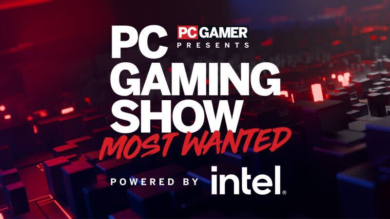  PC Gaming Show Most Wanted logo with red and black abstract background. 