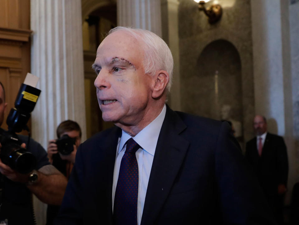 <p>JUL. 26, 2017 – Sen. John McCain, R-Ariz., who returned to Capitol Hill after being diagnosed with an aggressive type of brain cancer, leaves the chamber as the Republican-run Senate rejected a GOP proposal to scuttle President Barack Obama’s health care law in Washington. (Photo: J. Scott Applewhite/AP) </p>