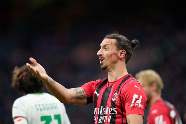 AC Milan’s Zlatan Ibrahimovic gestures during a match