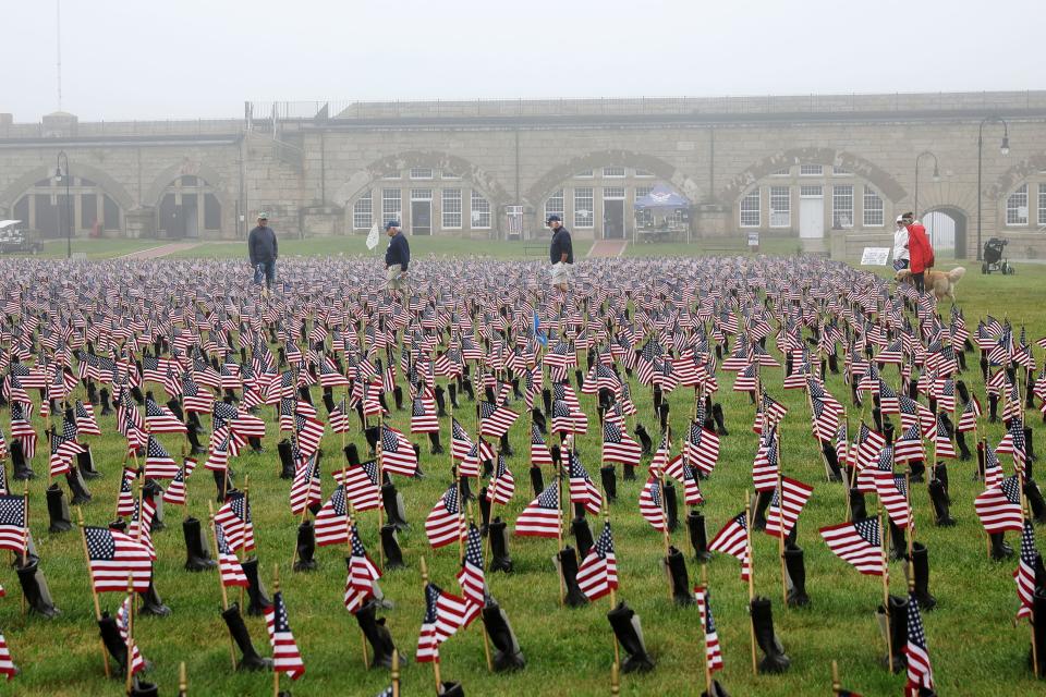 More than 7,000 boots wete on display at Fort Adams State Park in 2022, each carrying the name of a service member who died in the post-9/11 war on terror. The Boots on the Ground for Heroes memorial – organized by Operation Stand Down Rhode Island – will be open to the public through Memorial Day.