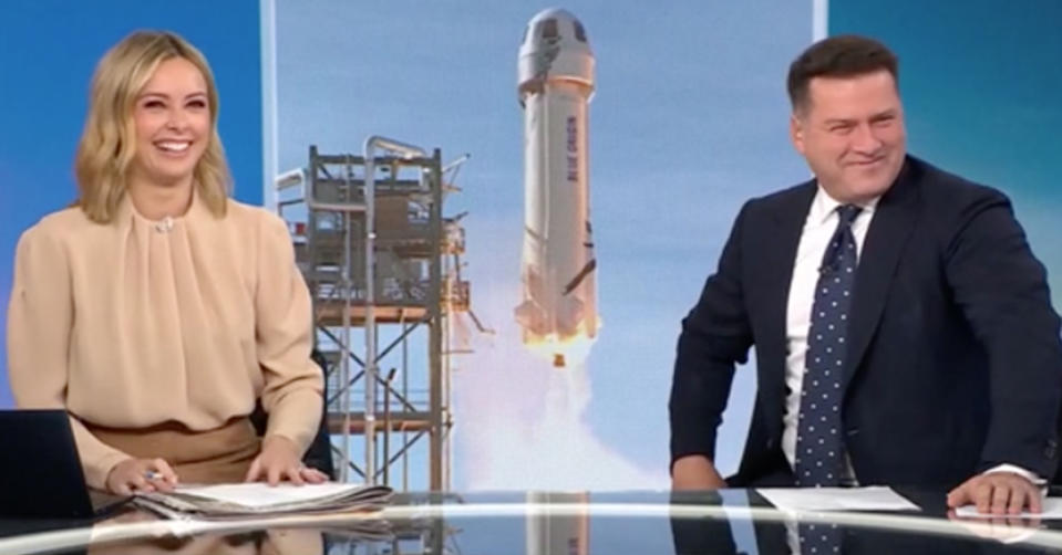 Today hosts Ally Langdon and Karl Stefanovic laugh at Amazon boss Jeff Bezos' rocket.