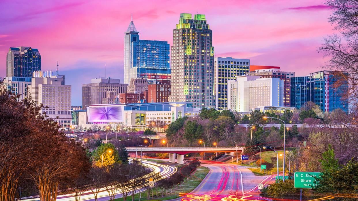 Raleigh, North Carolina downtown city skyline at dusk