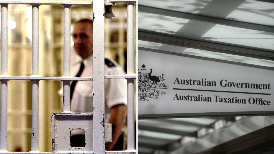 Jail bars on the left, Australian Taxation Office sign on the right.