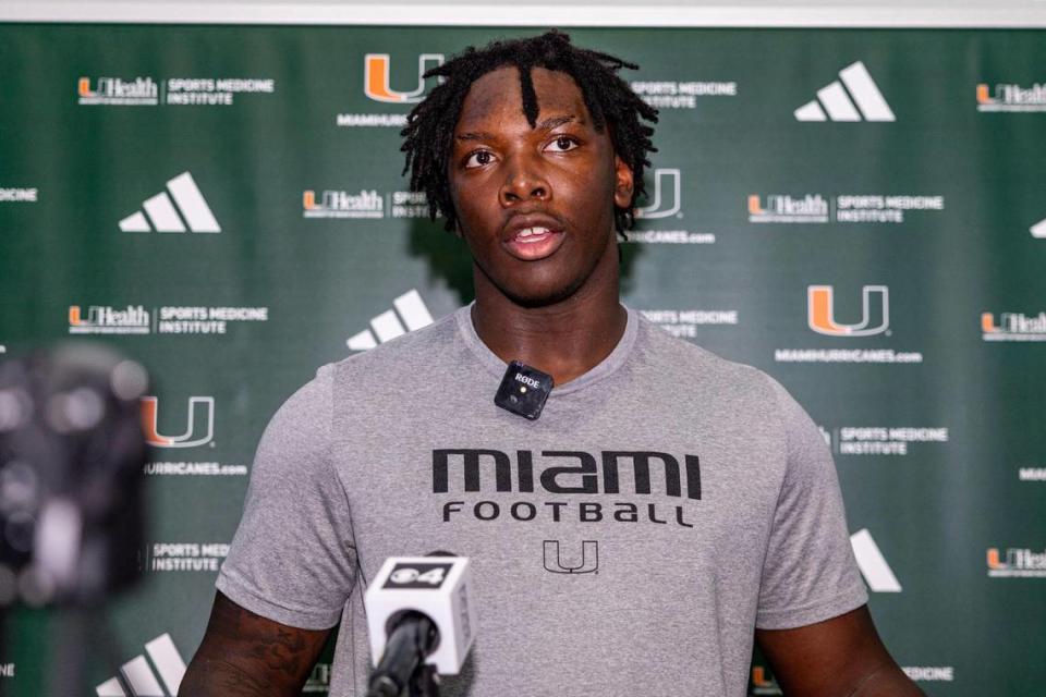 Miami Hurricanes tight end Elija Lofton speaks to reporters after practice at the Carol Soffer Indoor Practice Facility in Coral Gables, Florida, on Tuesday, April 2, 2024. D.A. Varela/dvarela@miamiherald.com