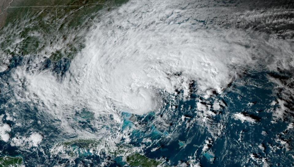 Tropical Storm Nicole as seen from the GOES East satellite obscures Florida on Nov. 9, 2022.