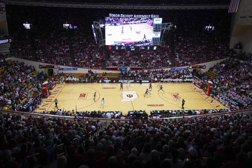 Indiana plays Tennessee Tech during the first half of a first-round college basketball game in the women's NCAA Tournament Saturday, March 18, 2023, in Bloomington, Ind. Despite all the positive numbers, the women's tournament loses money — in large part because of the lack of television revenue. (AP Photo/Darron Cummings)